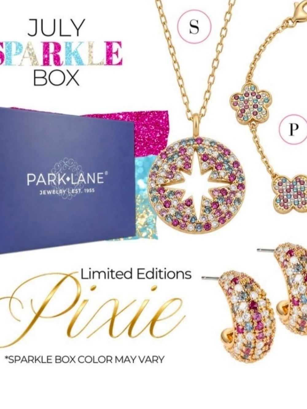 Park Lane July Sparkle Box Gold-Tone Multicolor Pixie Pendant Hoop Earring Set